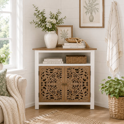 Folger 2-Door Farmhouse Corner Cabinet With Hand-Carved Detailing, Storage Shelf, Rustic - Storage Shelf