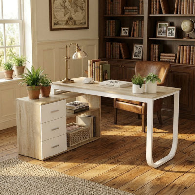 Luxury Arts Fort Myers Reversible Multi-Functional Desk with Storage Drawers and Open Shelving in Oak/White