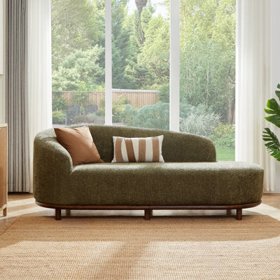 Luxury Arts Foye Organic Modern Bouclé Chaise Lounge with Curved Backrest, Solid Wood Base, and High-Density Foam Cushion in Green
