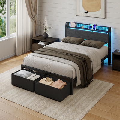 Full Bed Frame with Storage Headboard, LED Lights & Charging Station in a bedroom setting
