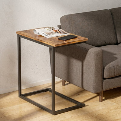 C-shaped end table with solid wood top and steel base