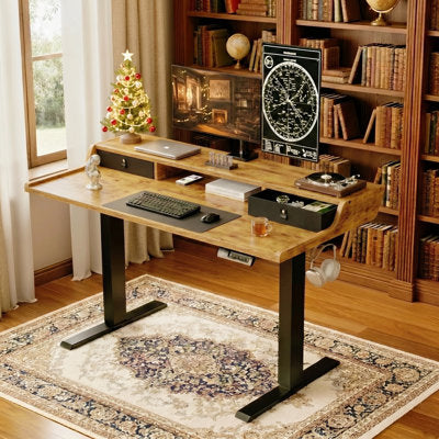 Luxury Arts Height-Adjustable Electric Standing Desk with Large Monitor Shelf & Drawers in Brown and Black