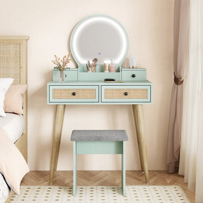 Iesa Boho Natural Rattan Vanity with LED Mirror & Stool in a bedroom setting