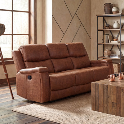 81.6" Wide Vegan Leather Manual Reclining Sofa in Brown Pebbled Faux Leather
