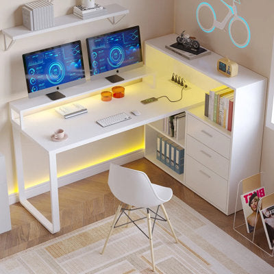 Luxury Arts Jaemon L-Shaped Desk with LED Lights and 3 Drawers in White