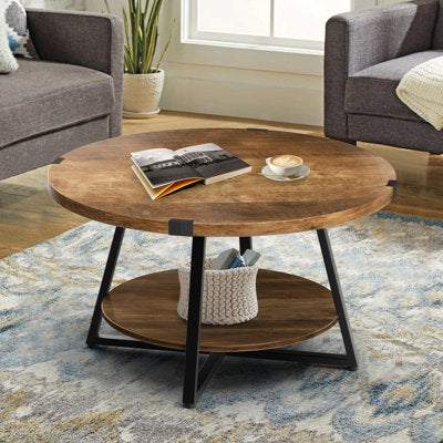 Round coffee table with wood grain veneer and two storage tiers