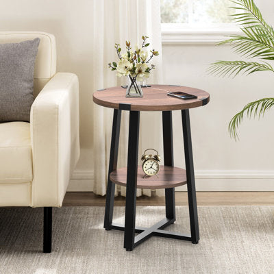 Tall round end table with crossed legs and charging ports