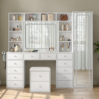 Jamair Vanity Desk with Full-Length & LED Mirror, 12 Drawers in a bedroom setting