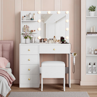 Kenn Makeup Vanity Set with Mirror, Lights & Stool (White) in a bedroom setting