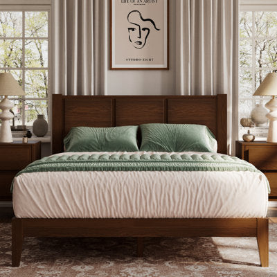 Knighten Solid Wood King Bed Frame (Dark Walnut) in a bedroom setting