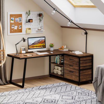 Luxury Arts L-Shaped Computer Desk With 3 Drawers & Storage Shelves, Reversible Corner Desk for Home Office in Brown and Black