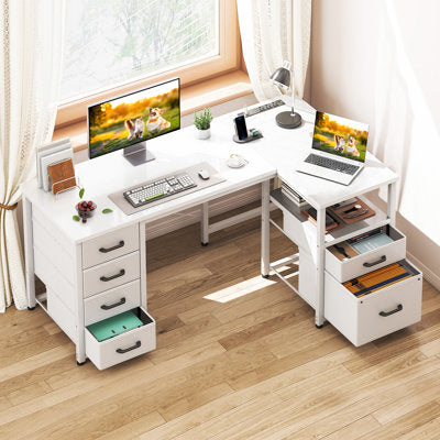 Luxury Arts L-shaped Desk With 5-tier Under-desk Drawers,reversible Desk With Large Cabinet, Writing Desk With Power Outlets in White