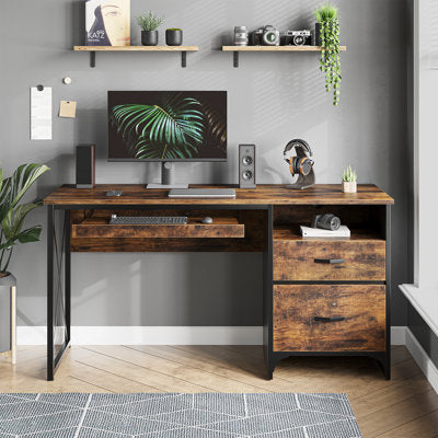 Luxury Arts Labelle 55" W Writing Computer Desk with Keyboard Tray in Rustic Brown and Black