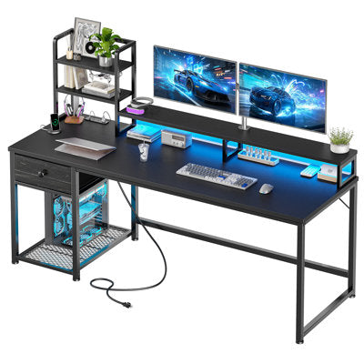 Luxury Arts Manufactured Wood Computer Desk with LED Lights and Power Outlets in Black