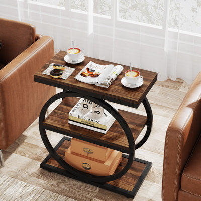 Narrow three-tier end table with round black metal frame