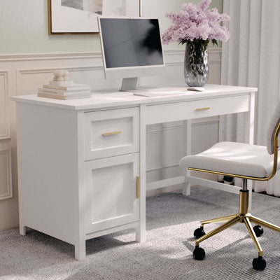 Luxury Arts Martha Stewart Hutton Shaker Style Home Office Desk with Storage in White