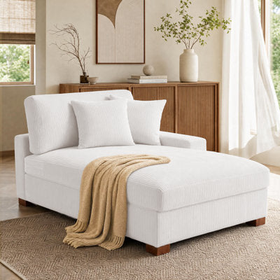 Luxury Arts Milbrey Oversized Upholstered Beige Corduroy Chaise Lounge with Armrests & Throw Pillows