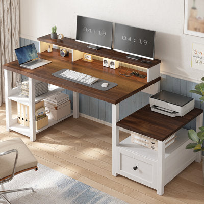 Luxury Arts Modern Farmhouse Computer Desk with LED Lights and Power Outlets