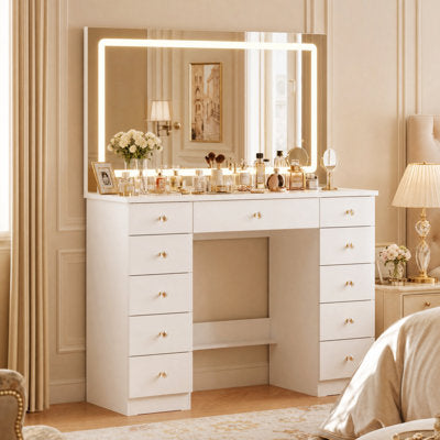 Modern Makeup Vanity with Lighted Mirror & Storage in a bedroom setting