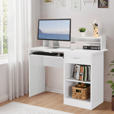 Luxury Arts Modern White Computer Desk with Drawer Storage and Keyboard Tray , Home Office Writing Study Desk with Hutch