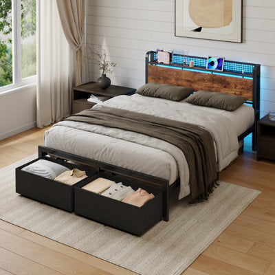 Queen Bed Frame with Fabric Drawers, LED Headboard & Charging Station - Luxury Arts