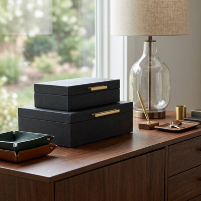 RebekaSet of 2 Rectangular Nesting Decorative Storage Boxes, Modern Embossed Finish - Storage Boxes