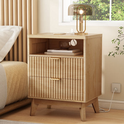 Fluted wood nightstand with charging station and spacious drawers