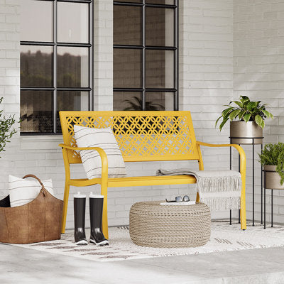 Roselynne Outdoor Steel Garden Bench with Carved Floral Back