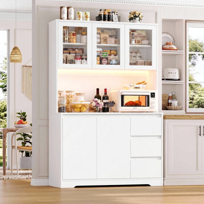 Satavia 70.9'' Kitchen Pantry with LED Lights and Charging Station, Microwave Shelf - Microwave Shelf