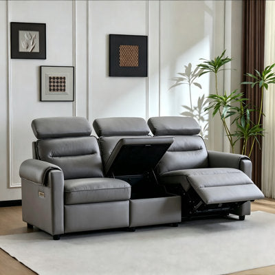 87‘’ W 3-Seat Pillow Top Arm Gray Faux Leather Recliner Sofa With Storage in Gray