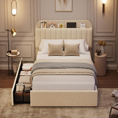 Twin Bed Frame with Flexible Drawers & Bookcase Headboard (Kids) in a bedroom setting