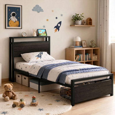 Twin Bed Frame with Storage Drawers & Outlet-Equipped Headboard - Luxury Arts