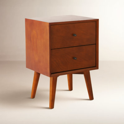 Chestnut mid-century nightstand with two drawers on splayed legs
