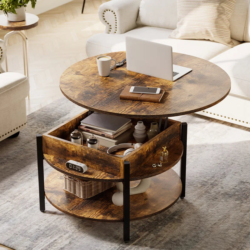Round Lift-Top Coffee Table with Hidden Storage & Lower Shelf