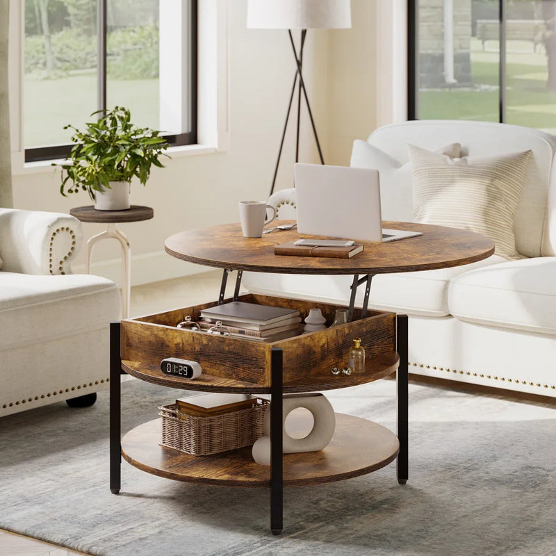 Round Lift-Top Coffee Table with Hidden Storage & Lower Shelf