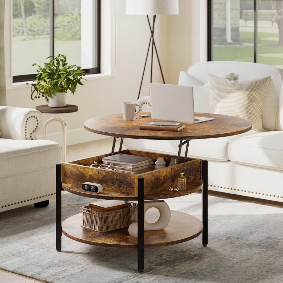 Round Lift-Top Coffee Table with Hidden Storage & Lower Shelf
