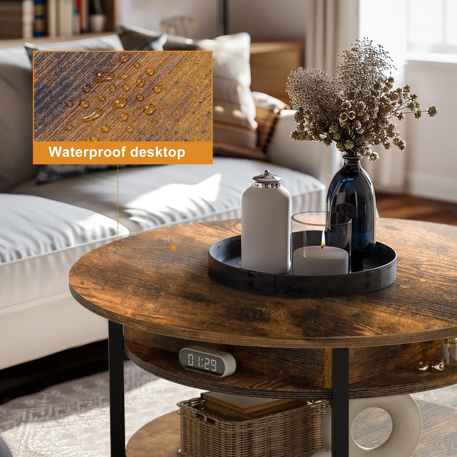 Round Lift-Top Coffee Table with Hidden Storage & Lower Shelf
