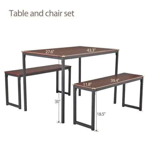 3-Piece Dining Table Set with 2 Benches Wood Table Top