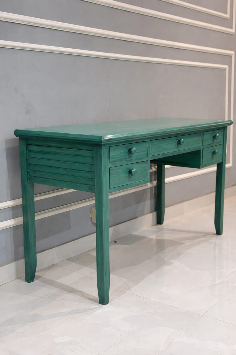 Teal Solid Wood Writing Desk with Multi-Drawer Storage | Modern Home Office Table
