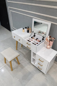 Valentina White Makeup Vanity Dressing Table with Mirror with Stool Vanity Desk, Makeup Vanity with Mirror, White Desk with Drawers, Makeup Vanity Desk, for Bedroom