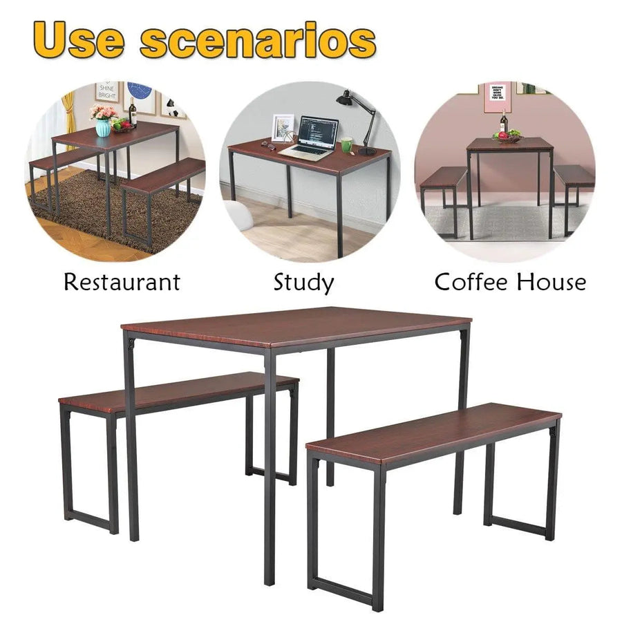 3-Piece Dining Table Set with 2 Benches Wood Table Top