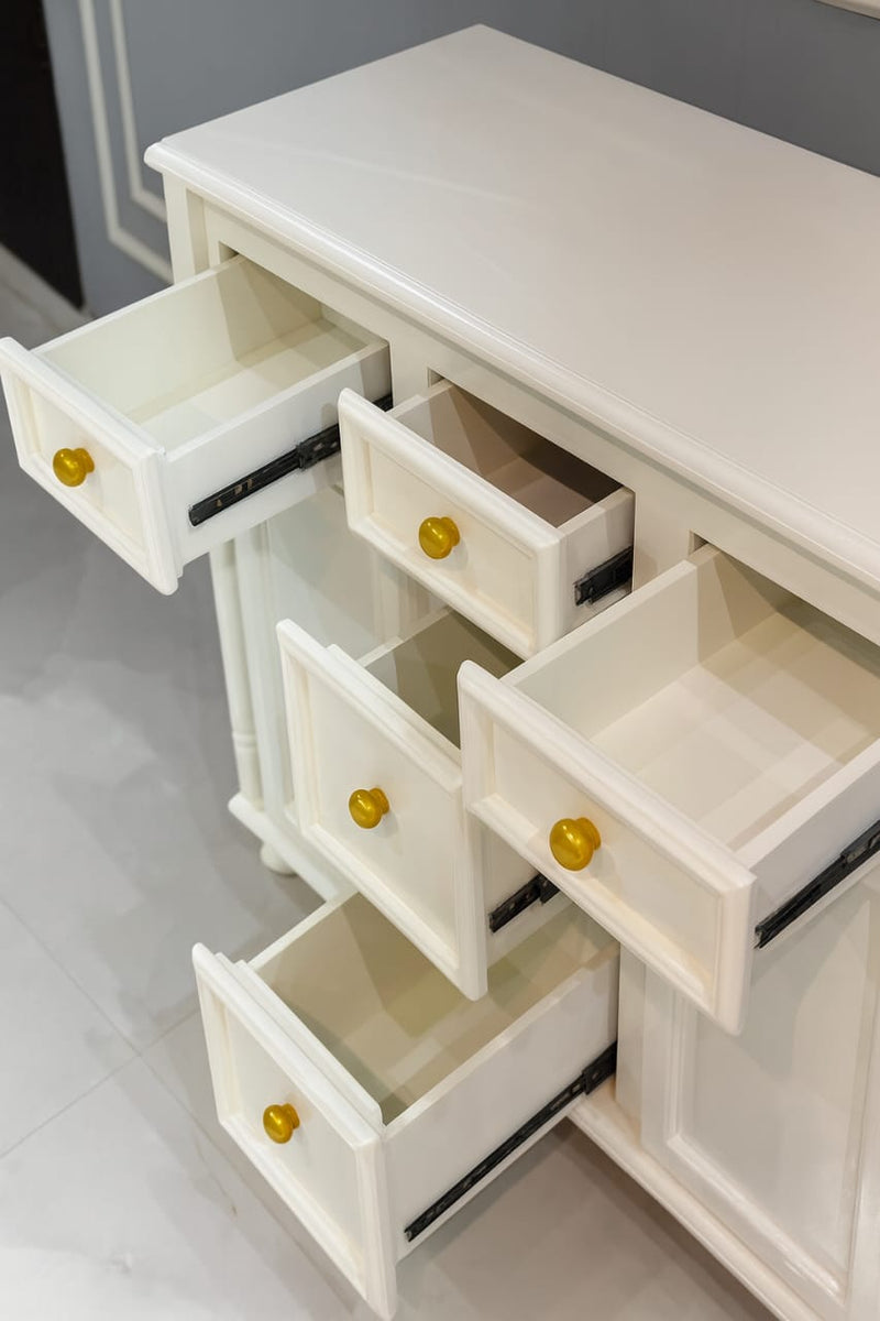Elegant White Wooden Storage Cabinet with Drawers & Doors | Modern Console Sideboard