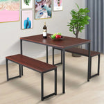 3-Piece Dining Table Set with 2 Benches Wood Table Top