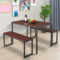 3-Piece Dining Table Set with 2 Benches Wood Table Top
