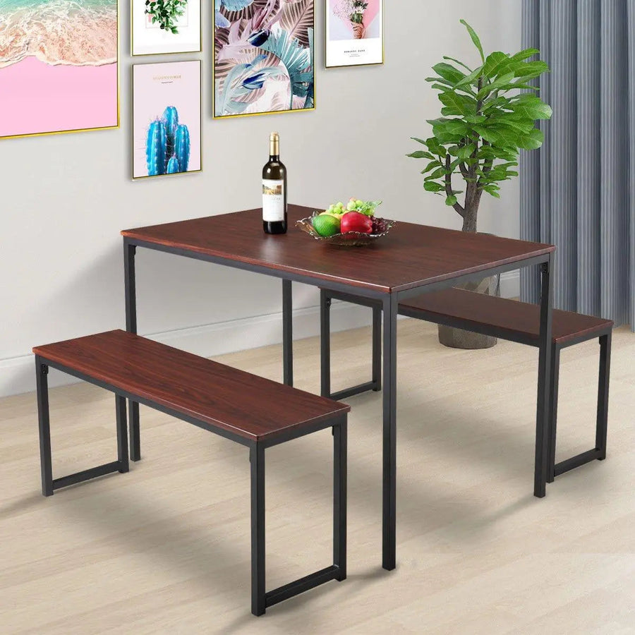 3-Piece Dining Table Set with 2 Benches Wood Table Top